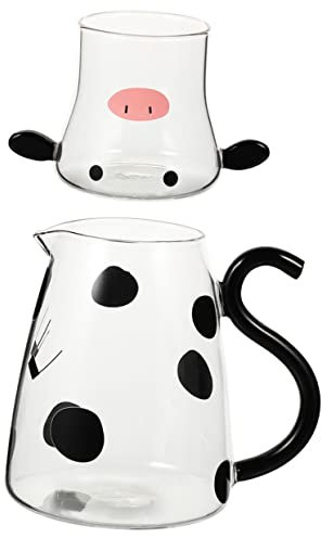 CIYODO Jarra De Leche De Dibujos Animados Contenedor De Agua Jarra De Leche Con Taza Linda Vaca Garrafas De Vidrio Garrafas De Jugo Dispensador De Agua Fría Jarras De Vidrio Jarra De