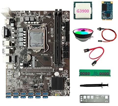 AMIUHOUN B250C ETH Motherboard 12USB + G3900 CPU + DDR4 4GB RAM + 64G SSD + RGB Lüfter + -Kabel + Schalterkabel + Wärmeleitblech