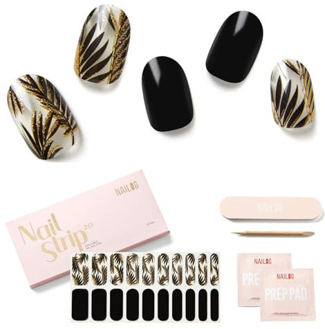 NAILOG Semi Cured Gel Nail Strips (20Pcs Extra Long Stickers/Wraps) | Glossy & Long Lasting Soft Gel Finishing | Golden Leaves