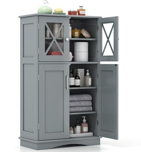 GIANTEX Badezimmerschrank mit 4 Türen und Kippschutz | Badkommode Holz mit verstellbaren Regalebenen, Aufbewahrungsschrank freistehend, 60 x 30 x 108 cm (Grau)