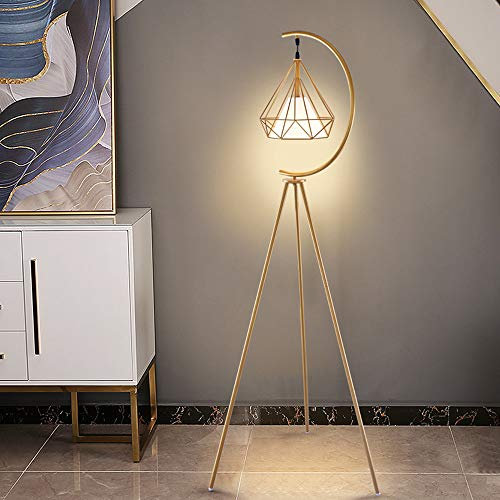 HAOJIazx Living Room Floor Lamp Iron Diamond Cage Standing Lamp with Inner Fabric Shade Tripod Modern Plug-in Standing Lighting for Bedroom Office (Black) (Gold)