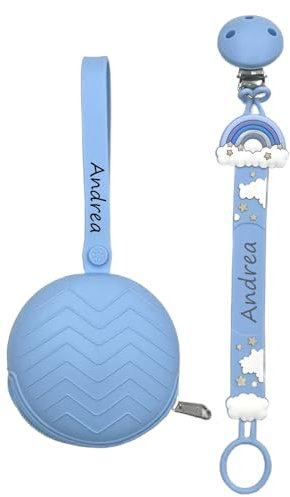 NOVITÁ Fettuccia IN SILICONE, per ciuccio personalizzata con nome, arcobaleno azzurro, BABYJART, lavabile,sicura per il bambino,compatibile con ciuccio MAM e CHICCO AZIENDA ITALIANA, MADE IN ITALY!