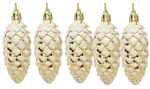5 Stück Tannenzapfen-Kugeln für Weihnachtsbaumschmuck, 92 mm, glänzend und glitzernd, hängende Tannenzapfen, goldfarben