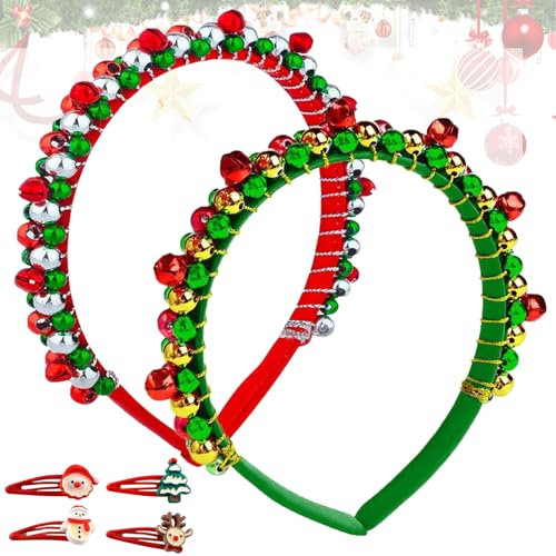 6 Stück Weihnachts Kopfschmuck, Weihnachten Haarschmuck mit Glöckchen,Weihnachten Haarreif, Weihnachtsstirnband Rot Grün Glocke Haarband, Weihnachten Haarreif für Kinder Erwachsene (B)