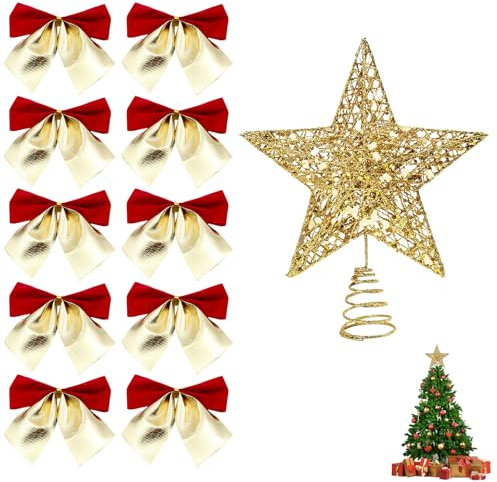Gold Christmas Tree Topper with Star and 10 Bows for Xmas Decoration - Light Weight Glitter for Nativity Ornament