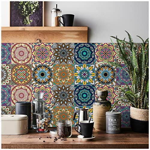 RwalkinZ Tile Stickers for Kitchen 24 pcs Bathroom Self Adhesive Water and Oil Proof Stick On Wall Protect (20cm x 20cm, 8x8 inches) for Stairs Moroccan Purple & Green
