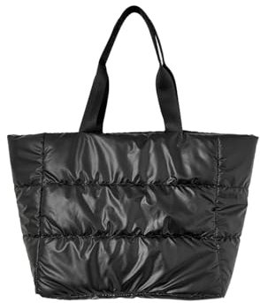 Puffer Tote Bag Handtasche Damen, PU Groß Shopper Tasche Einfarbig Puffer Bag Beuteltasche Winter Gesteppte Tasche Stepptasche Gross Umhängetasche Hobo Bag Schultertasche (Schwarz)