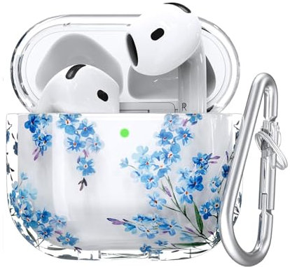 VISOOM Clear Case Kompatibel mit Airpods 4th Generation 2024, Unterstützung drahtloses Aufladen, Stoßfest, Weiches TPU Transparent Reduced Yellowing für AirPods 4 Cases mit Karabiner (Blaue Blume)