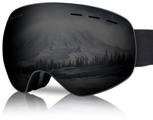 NewBEP Lunettes de ski et de planche à neige – Protection UV et anti-buée – Lunettes de ski OTG pour hommes, femmes et jeunes (monture noire, verres noirs)