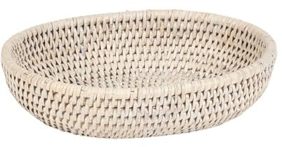 Rattan Storage Basket Rounded Glazed Ketak Rattan Multi-Purpose Woven Basket Kitchen Fruit Bowl Bathroom Organiser Hallway Key Bowl Living Room Serving Tray (White, Small)