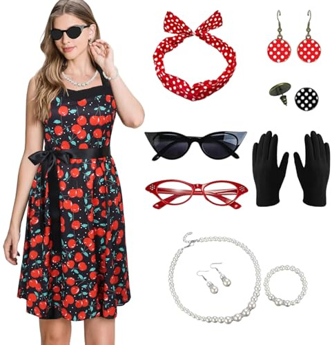 Antsparty 50er Jahre Kostüm Damen, 10Stück 50er Jahre Kostüm Accessoires mit Brille, Ohrringe, Stirnband, Halskette, Vintage Elegant Kirsch Kleid Damen für Motoparty Karneval