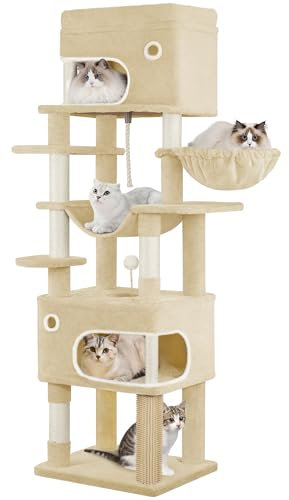 Hzuaneri Arbre à Chat, Tour de Jeux pour Chats de 178 cm avec Grande Plateforme, 2 Niches, 7 Griffoirs, Pompons, Paniers, Hamac, Convient aux Chats de Toutes Tailles, Beige MS17818YL