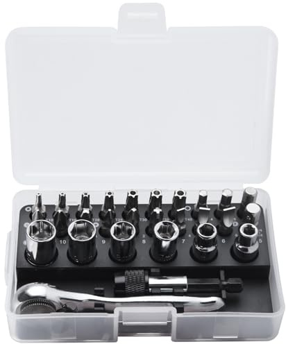 SPEEDWOX Right Angle Screwdriver 28-Piece 1/4 Inch Mini Ratchet Set 72-Tooth Small Ratcheting Wrench 28pcs Right Angle Screwdriver and Bit with Metric Socket Set Stubby Ratchet for Tight Spaces