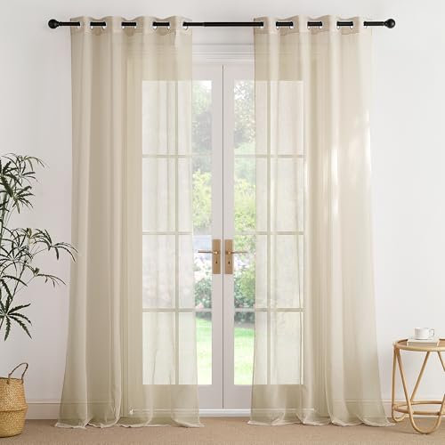 PONY DANCE Stores Gardinen mit Ösen Wohnzimmer Vorhang Transparent Gardienen 2-Set H 245 x B 140 cm Voile Gardine Leinenoptik Vorhänge Durchlässig Ösenvorhang, Khaki