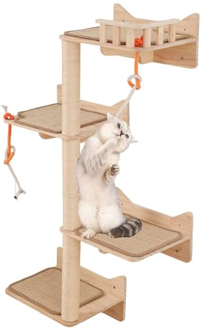 KVIDA Wand-Katzenbaum & Katzenmöbel – 7-teiliges Set mit 3 Sisal-Kratzsäulen (34,8 cm / 13,7 in), 3 Breiten Plattformen & Katzenhaus – platzsparende Kletterwand für große Katzen