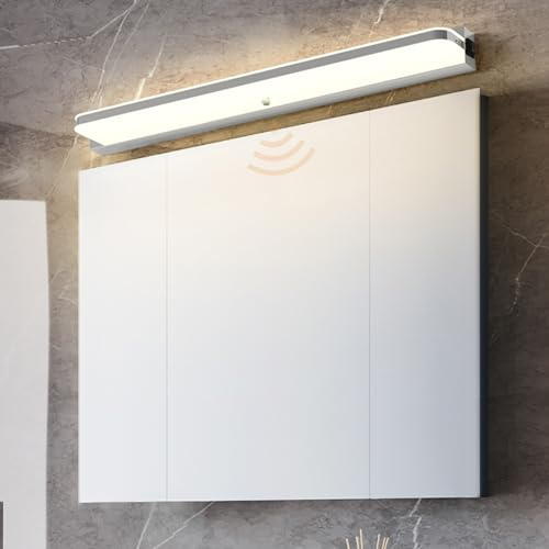 LED Spiegelleuchte Bad mit Bewegungsmelder Edelstahl Spiegellampe Badezimmer Wandleuchten Wasserdicht Modern Lange Wandlampen Schlafzimmer Wohnzimmer Treppenhaus Natürliches Licht (Silbernes,52cm)