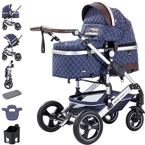 Daliya® BAMBIMO 2in1 Kinderwagen | Kombikinderwagen mit Aluminium-Gestell & Federung | Umbaubar zum Buggy | Wenderichtung beidseitig | Klappbar & platzsparend | Airless-Räder (Blau - Rahmen Silber)