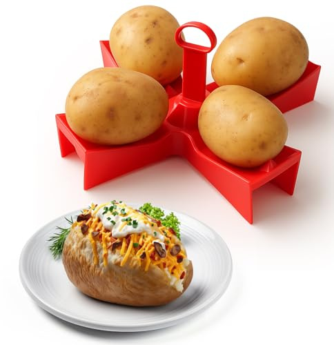 Honeydak Microwave Potato Cooker, Baked Potato Stand Holder, Microwave Reusable Baker Quick, Cooks 4 Potatoes, Plastic, 22.4 x 22.4 cm (Red)