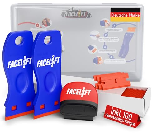 FACELIFT® Premium Schaber Set – Kunststoffschaber mit 100 Klingen – kratzfrei Aufkleber- & Klebereste-Entferner – robust, handlich & vielseitig
