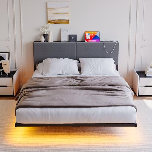 HOMERECOMMEND Lit double 140 x 200 cm, effet visuel flottant, avec éclairage LED, cadre double, 140 x 200 cm, avec espace de rangement, tête de lit et sommier à lattes, tête de lit haute, gris foncé