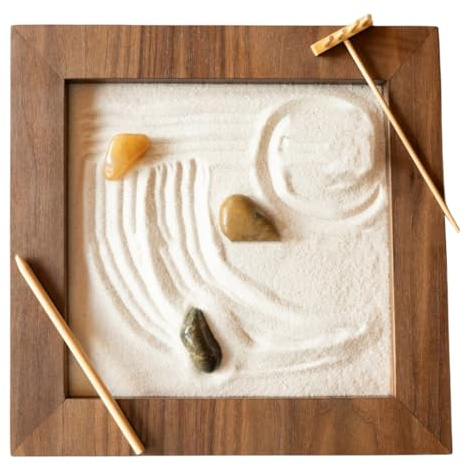 Jardin zen en bois - Décoration de bureau miniature, plateau de sable artificiel, décoration de table miniature | Plateau de relaxation de style japonais avec pierres et râteaux pour la maison, le bur