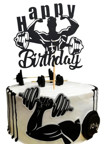 Cake toppers for men,Cake decorations for men,Fitness Cake Topper, RETWOT 1x Fitness Cake Topper - Gym Theme Bodybuilder Happy Birthday Party Decoration for Fitness Enthusiasts Black Glitter