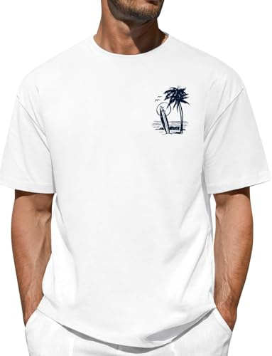 Lonya Herren Oversize T Shirt Sommer, Baumwolle Rundhals Kurzarm, Kokosnussbaum Strand Sonnenuntergang Palm Bedruckte Streetwear Basic Casual Oberteile Top, H-Weiß, XL