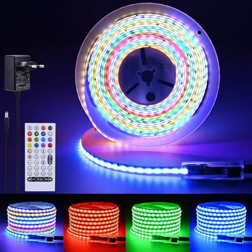 FOSUO RGB+IC COB LED Streifen 5M 24V WS2811 Adressierbar Kit | mit Fernbedienung Musik-Sync Timer mehrfarbigen Effekten 360LEDs/m 8mm selbstklebend schneidbar für Schlafzimmer, TV, Gaming