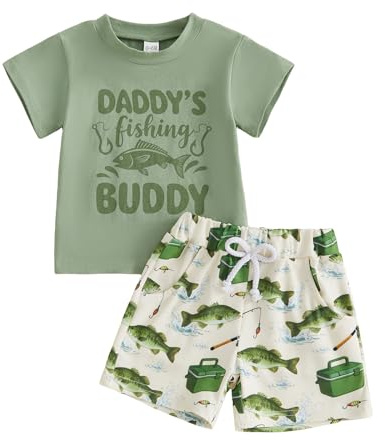 Bagilaanoe Toddler Summer Clothes Baby Boy Short Sleeve T-Shirt and Shorts Daddy’s Fishing Buddy Outfit 2PCS Set (Light Green, 18-24 Months)