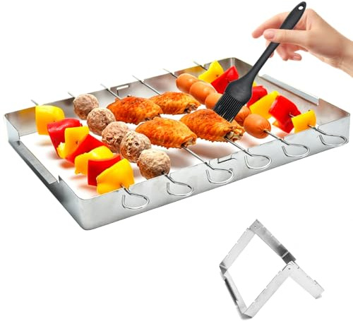 yotutun Supporto per Spiedini per Barbecue, Spiedini in Acciaio Inox Inossidabile 6 Spiedi per Barbecue con Cornice e Spazzola Griglia Kabob Supporto per Carne, Verdure, Pesce