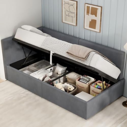 LUXOAK 3ft Single Upholstered Velvet Day Bed with Hydraulic Storage (Grey) | 2-in-1 Sofa Bed, Gas Lift Underbed Storage, Metal Slats Support, 400kg Weight Capacity, Lift-Up Storage 30cm Deep