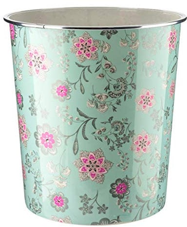 Home Plus 7.7 Litre Quality Floral Design Lightweight Waste Paper Basket Bin (Vintage Floral Jade Green & Silver)