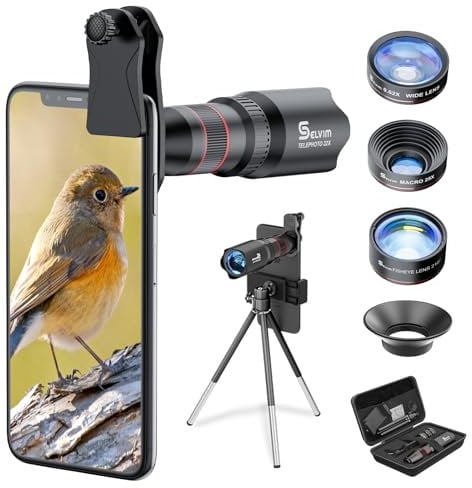 Selvim Handy Objektiv Linse Kit Lens Set 22X Teleobjektiv, 25X Makro Objektiv, 0,62X Weitwinkel, 235° Fischaugenobjektiv für iOS iPhone und meisten Android Smartphone Schwarz