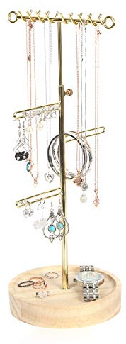 J JACKCUBE DESIGN MK663A Arbre à bijoux réglable avec plateau en bois pour colliers, boucles d'oreilles, bracelets et bagues Doré
