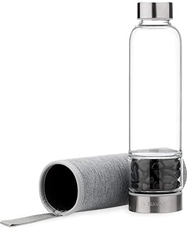Navaris Botella con Piedra obsidiana - Botella de Agua de Cristal de 420 ML con Funda de Neopreno y Piedras de Cristal volcánico Negro Decorativo