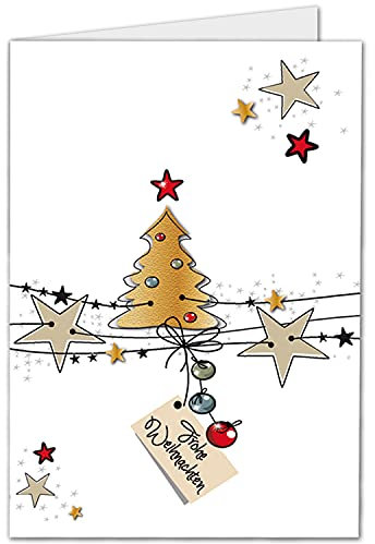 NEUSER PAPIER 10x Weihnachtskarte DIN A6 in Weiß mit Weihnachtsbaum und Sternen - Faltkarten mit Weihnachtsmotiv - 10,5 x 14,8 cm - Weihnachtsgrüße für Firmen und Privat