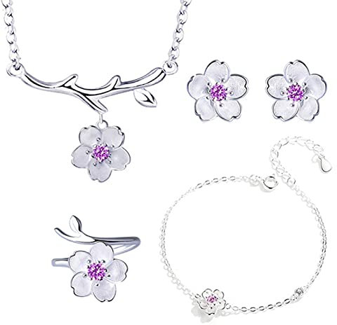 925 Silber Schmuck Sets Romantische Kirschblüten Blume Halskette + Ohrringe + Ring + Armband Für Frauen Hochzeit Schmuck Set