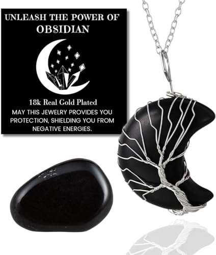 HALUKAKAH Cristalli Pietre Collana Donne Naturale Ossidiana Placcato Platino Ottone Filo Fatto a Mano Avvolgimento Albero della Vita Forma di Luna Pendente 30×40mm con Catena 50cm