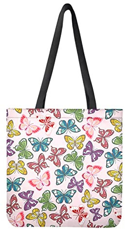 Dolyues Damen-Tragetasche aus Segeltuch mit Tasche, große Kapazität, wiederverwendbare Einkaufstasche, Regenbogen-Schmetterling-Design, Large