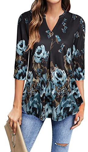 Gaharu Damen Elegant Festlich Hochzeit Oberteil Weite Bluse V-Ausschnitt Damenshirts Lässig 3/4 Arm Blusen Business Outfit A-Linie Tunika Blumen Schwarz