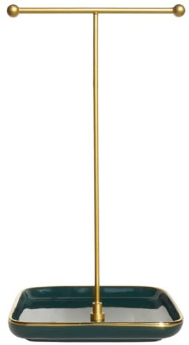 Jewellery Stand Holder - Ceramic Base Square (6 inches/15cm side length), 1ft/30cm Height Necklace Organiser, Jewelry Display for Necklace, Bracelets, Rings, Earring, and Pendants-Elegan Green