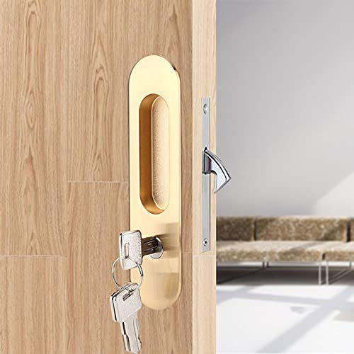 Anti Theft Sliding Door Lock Handle with Keys, Invisible Recessed Handle Latch, Pocket Door Lock for Pocket Door Barn Wood Door Interior Privacy Furniture Hardware Inside or Outside Locked (Gold)