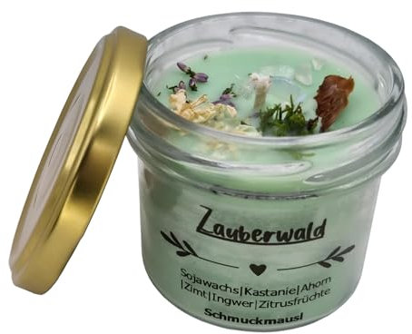 Duftkerze im Glas. Duft: Zauberwald. Handgemacht aus 100% Sojawachs