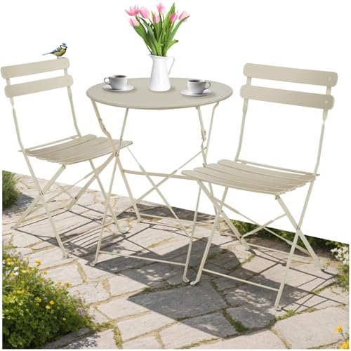 tectake® Gartenmöbel Bistro Set aus Gartentisch mit Stühlen, Balkonmöbel Kleiner Balkon, Klapptisch mit 2X Gartenstuhl, Outdoor Sitzgruppe mit Balkontisch, wetterfest für Garten, Balkon (Creme)
