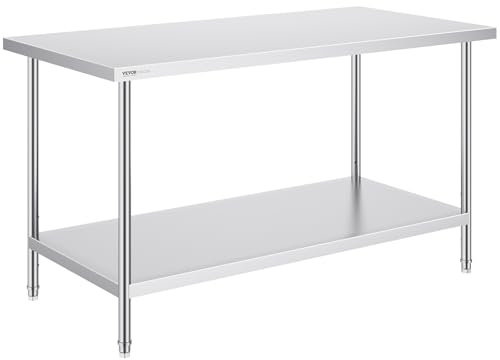 VEVOR Zubereitungstisch aus Edelstahl, Robuster Arbeitstisch aus Metall mit 3 einstellbaren Höhenstufen, gewerbliche Arbeitsstation für Küche, Garage, Restaurant, Hinterhof 762 x 1524 x 864 mm