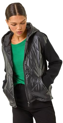 Roman Originals Diamond Quilted Hooded Mix Jacket for Women UK - Ladies Everyday Autumn Winter Collarless Neckline Comfy Soft Evening Vacation Work Party Night Out - Black - Size 18