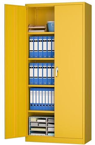 SUPEER Aktenschrank,Metallschrank mit 4 höhenverstellbaren Fachböden,Stahlblech Pulverbeschichtung,Stahlschrank für Werkzeuge,Garage180 x 80 x 40 cm(gelb)