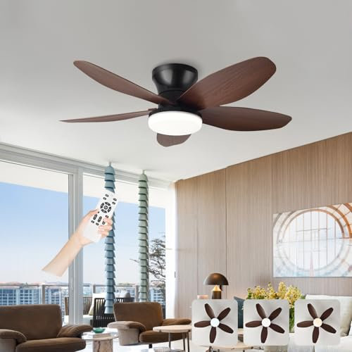 Ceiling Fans with Lights and Remote, Fan Lights Led Ceiling for Bedroom, Indoor 5 Blades Silent Large Fan Lamp, Dimmable 6-SPD Reversible DC Motor with Timer for Living Room-Black+Woodgrain||36in