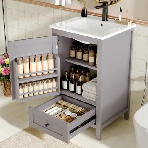 OOIILLEE Meuble de Salle de Bain sur Pied avec Vasque 51x46x85cm, Meuble sous lavabo avec tiroir Silencieux de Grande capacité, avec étagères réglables, entièrement Peint, Vasque en céramique, Gris
