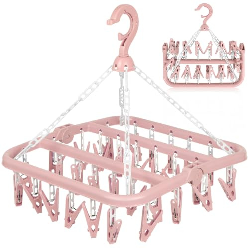 DDhayyp Clothes Drying Hanger with 32 Clips, Foldable Design Multi-Functional Sock Dryer and Rotary Wind-sock hanger for washing line, Ideal Hanger for Socks, Underwear, Bras, Baby Clothes (Pink)